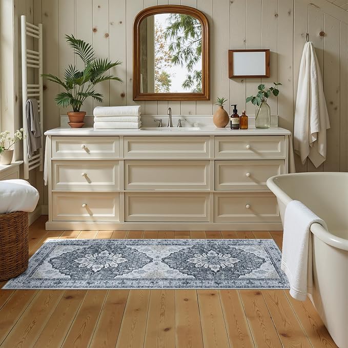 RELEANY Area Rugs 2'x6' Runner Rug Non Slip Washable for Kitchen Hallway Bedroom Beside Laundry Room Bathroom Rug, Floor Carpet, Light Gray Grey White