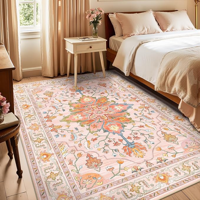 RELEANY Area Rugs 5'x7' Washable Non-Slip, Floral Vintage Distress Print Pattern Medallion Carpet for Living Room Bedroom Dining Room, Light Pink Colorful