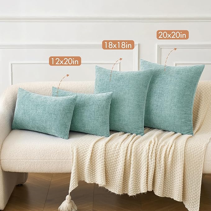 MIULEE Pack of 2 Couch Throw Pillow Covers 18x18 Inch Soft Aqua Green Chenille Pillow Covers for Sofa Living Room Spring Home Decor Couch Solid Dyed Cases
