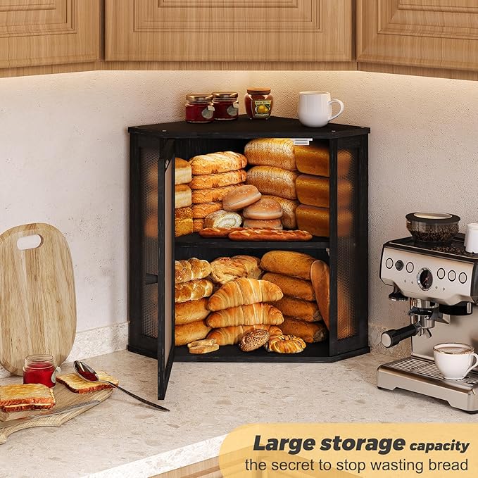 Corner Bread Box for Kitchen Countertop,Bread Storage for Homemade Bread, Double Layer Large Bamboo Kitchen Storage Bin with Window (Black, Large)