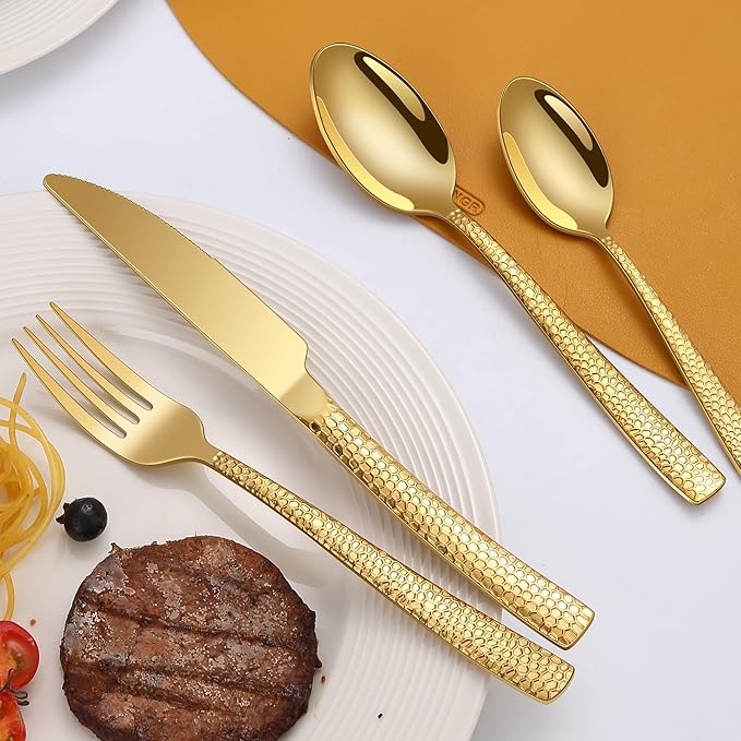 45-Piece Silverware Set with Serving Utensils Set, Gold Hammered Stainless Steel Flatware for 8, Food-Grade Tableware, Including Fork, Knife, Spoon Set, Home Kitchen Cutlery, Dishwasher Safe