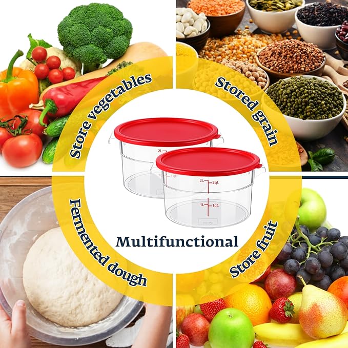 2 Pcs Dough Proofing Bucket with Lid, Round Food Storage Container 2 Qt Dough Bucket Clear Translucent Containers with Scale (Red)