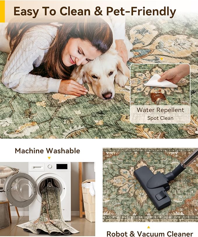 RELEANY Area Rugs 2'x10' Runner Rug Non Slip Washable for Kitchen Hallway Bedroom Beside Laundry Room Bathroom Rug, Floor Carpet, Brick Red Rust Neutral Brown Burnt Orange Green