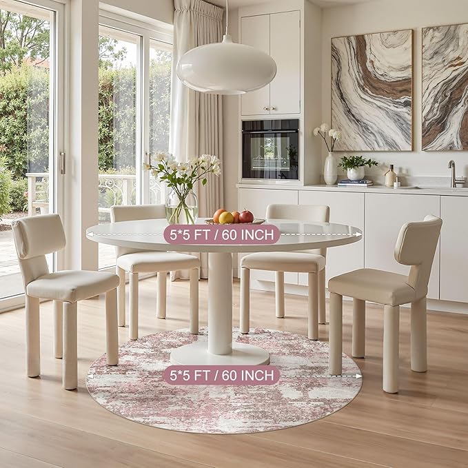 5ft Round Area Rugs for Living Room: 5x5 Abstract Washable Rug Modern Large Soft Stain Resistant Non-Slip Backing Machine Table for Bedroom Dining Room Indoor Home Office Carpet - Pink