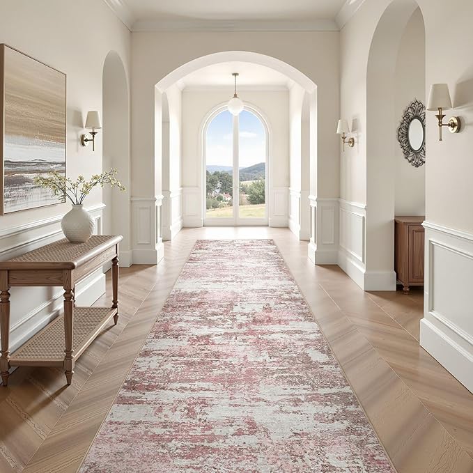 Area Rugs for Living Room: 3x12 Abstract Washable Rug Modern Neutral Large Soft Stain Resistant Non-Slip Backing Machine Table for Bedroom Dining Room Indoor Home Office Carpet - Pink