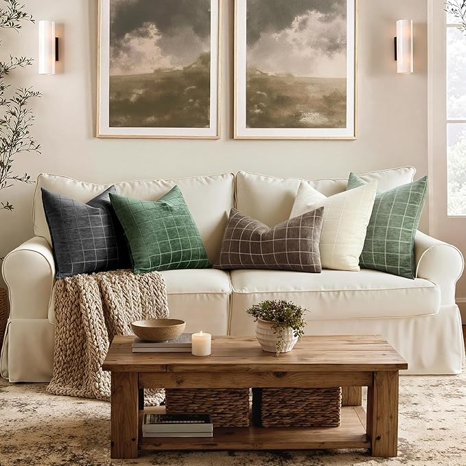 MIULEE Decorative Chenille Check Throw Pillow Covers Vintage Plaid Couch Pillows 18x18 Inch Set of 2 Neutral Boho Farmhouse Cushion Covers Modern Spring Home Decor for Sofa Bed Living Room Sage Green