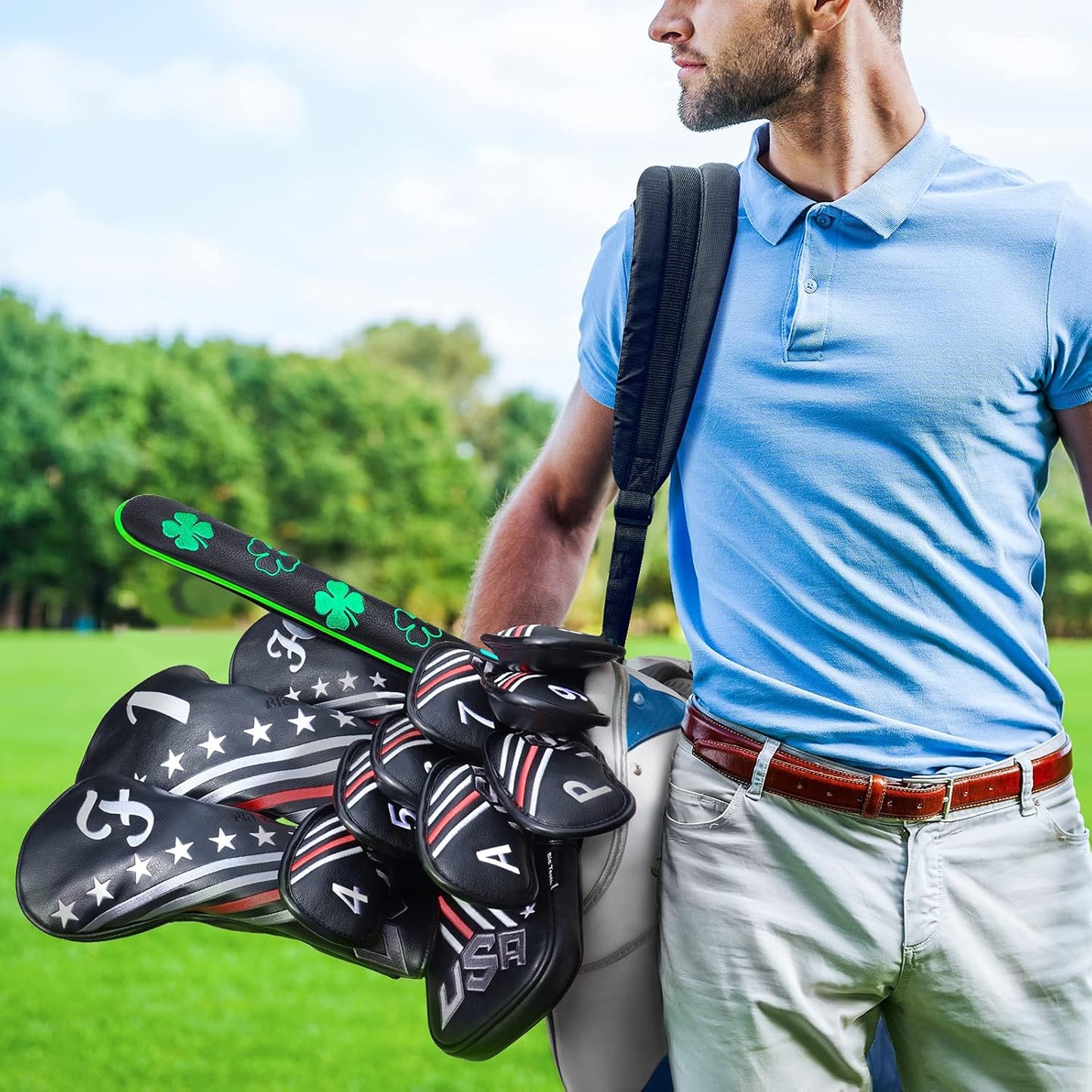 Big Teeth Golf Cover USA Stripe and Star Headcover Covers, Driver Fairway Wood Hybrid Headcovers Fits Blade Mallet Putter Iron and Woods with Magnetic Club Protector Pu Leather Golf Accessories