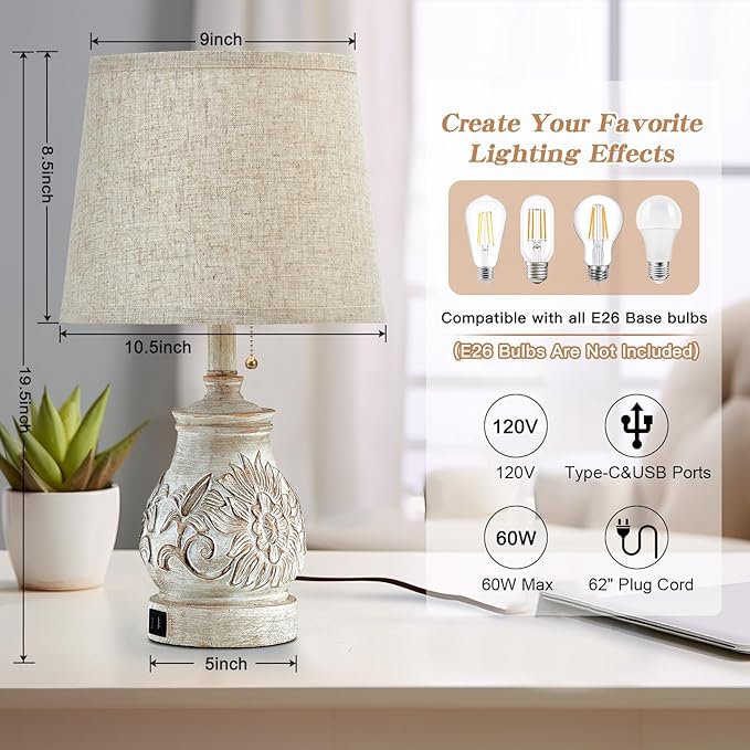 19.5'' Farmhouse Table Lamps for Bedrooms Set of 2 Vintage Bedside Lamps for Nightstand with USB Charging Ports Traditional Rusic Side Table Lamps for Living Room Wooden Carved Floral, Pull Chain