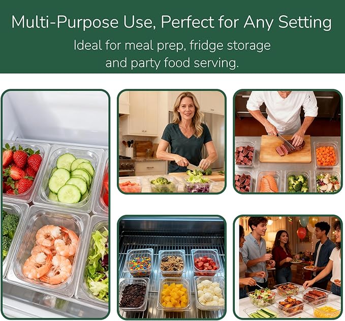 6 Pack food Pans with Lids 1/6 Size, Commercial Food-grade material, Impact-resistant and shockproof, For Salad Bars, Hot Deli Items & Dessert Toppings, Prep Table & Refrigerator Friendly