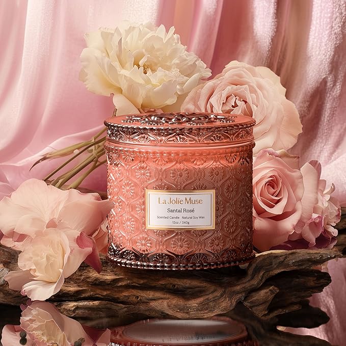 LA JOLIE MUSE Santal Rosé Candle - Saffron, Rose, Patchouli | 12 oz Large 2-Wick Soy Wax Candle | 60 Hours Clean Burn | Valentines Day Gifts for Her | Elegant Home Décor