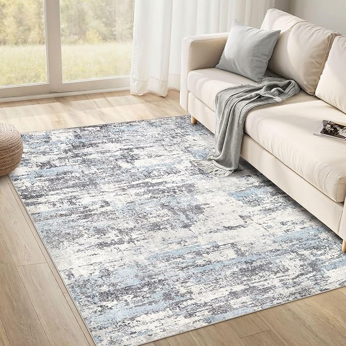 Area Rugs for Living Room: 4x6 Abstract Washable Rug Modern Neutral Large Soft Stain Resistant Non-Slip Backing Machine Table for Bedroom Dining Room Indoor Home Office Carpet - Blue Grey