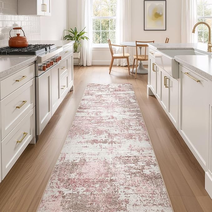 Area Rugs for Living Room: 3x10 Abstract Washable Rug Modern Neutral Large Soft Stain Resistant Non-Slip Backing Machine Table for Bedroom Dining Room Indoor Home Office Carpet - Pink