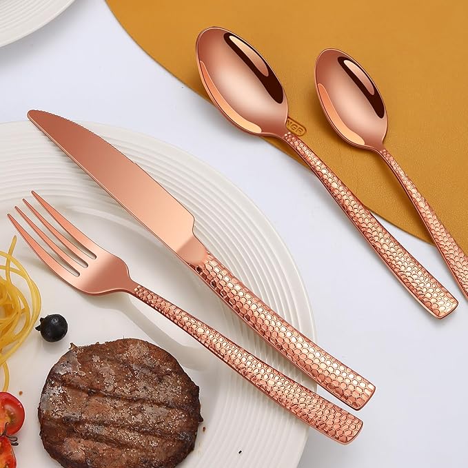 45-Piece Silverware Set with Serving Utensils Set, Rose Gold Hammered Stainless Steel Flatware for 8, Food-Grade Tableware, Including Fork, Knife, Spoon Set, Home Kitchen Cutlery, Dishwasher Safe