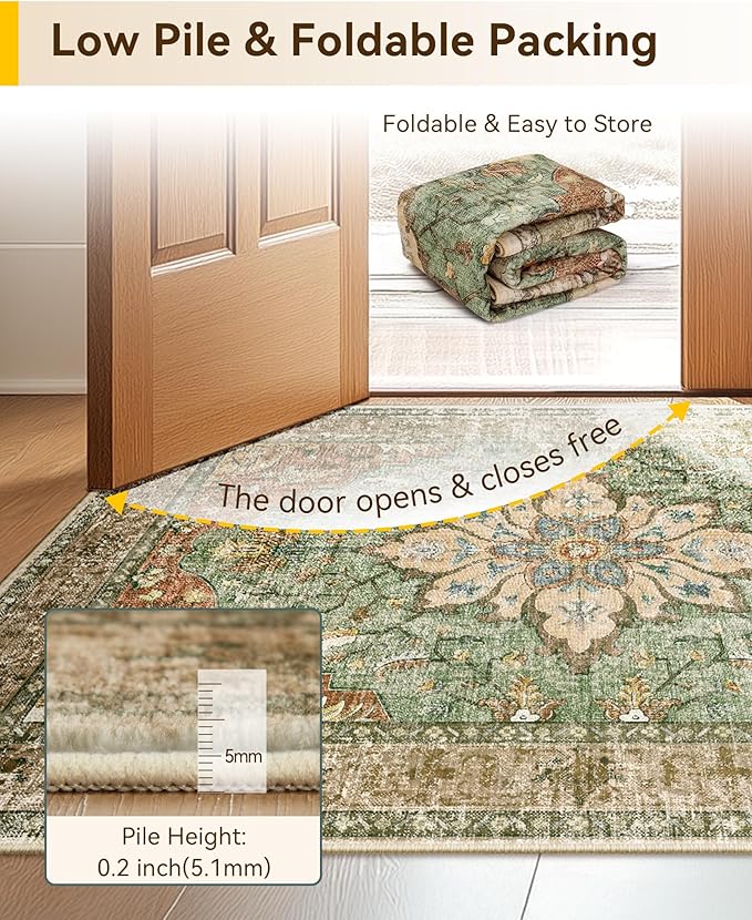 RELEANY Area Rugs 4'x5' Washable Non-Slip, Floral Vintage Distress Print Pattern Medallion Carpet for Living Room Bedroom Dining Room, Brick Red Rust Neutral Brown Burnt Orange Green