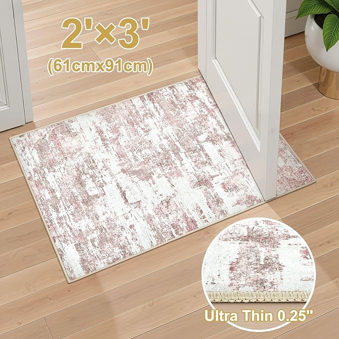 Washable Area Rugs: 2x3 Abstract Modern Soft Stain Resistant Non-Slip Backing for Living Room Entryway Bedroom Nursery - Pink