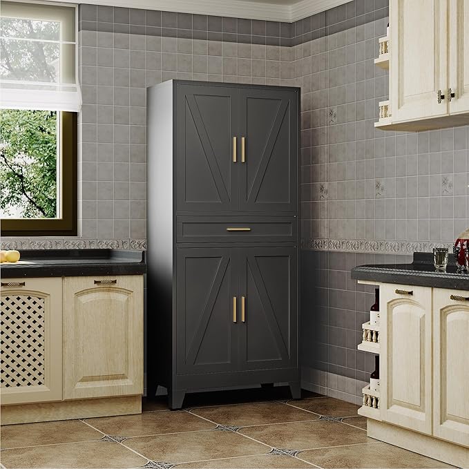 71" Pantry Cabinet in Black, with 4 Doors & Center Drawer, Max Organization Storage Cabinet with Adjustable Shelves, Freestanding Farmhouse Cupboard for Spacious Kitchen, Dining Room