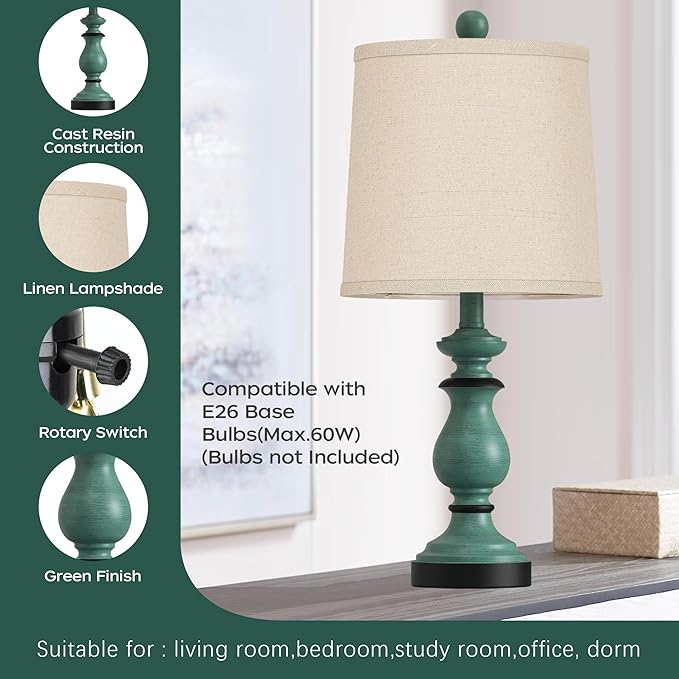 PARTPHONER Traditional Table Lamp Set of 2, Rustic Farmhouse Table Lamps for Living Room Bedroom, 22" Bedside Desk Lamps Vintage Nightstand Lamps with Linen Shades, Green