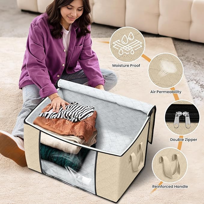 Fab totes 24 Gallons Clothes Storage, Foldable Thick Fabric Blanket Storage Bags, Containers for Organizing Bedroom, Closet, Clothing, Comforter, Organization with Handle (4 Pack,Beige)