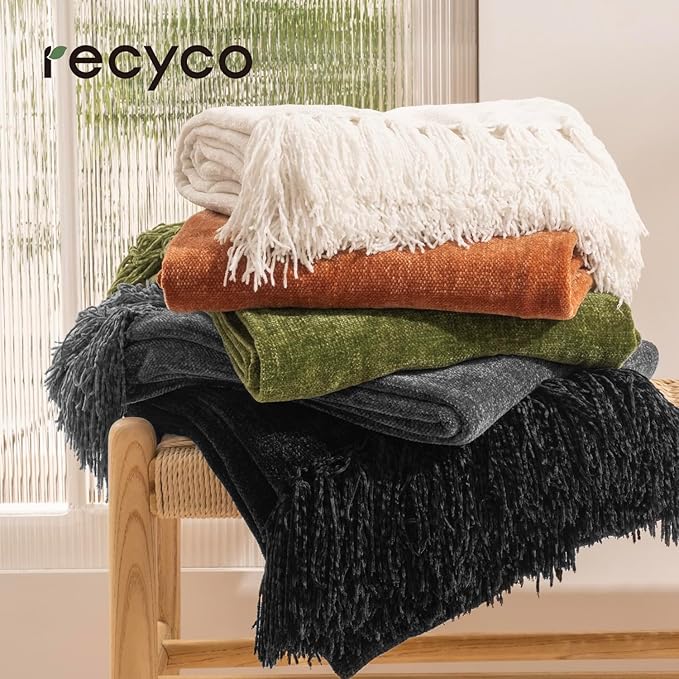 RECYCO Throw Blanket Soft Cozy Chenille Throw Blanket with Fringe Tassel for Couch Sofa Chair Bed Living Room (Ivory White, 60" x 80")