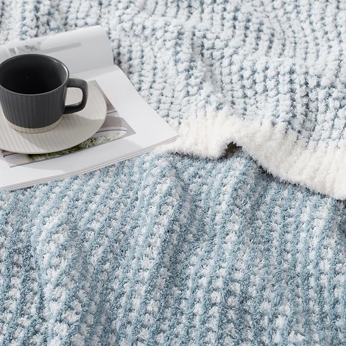 Snuggle Sac Ultra Soft Waffle Throw Blanket for Couch Bed Sofa 50x60 inches, Reversible Blue Cream Blanket Microfiber Fluffy Fuzzy Cozy Knit Soft Throws Birthday Gifts for Women