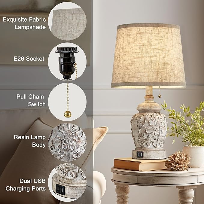 Fullarge 19.5" Vintage Rustic Table Lamp Set of 2 Farmhouse Table Lamps for Living Room Bedroom Decor with USB Ports Traditional Carved Floral White Bedside Night Light Lamps with Pull Chain Switch