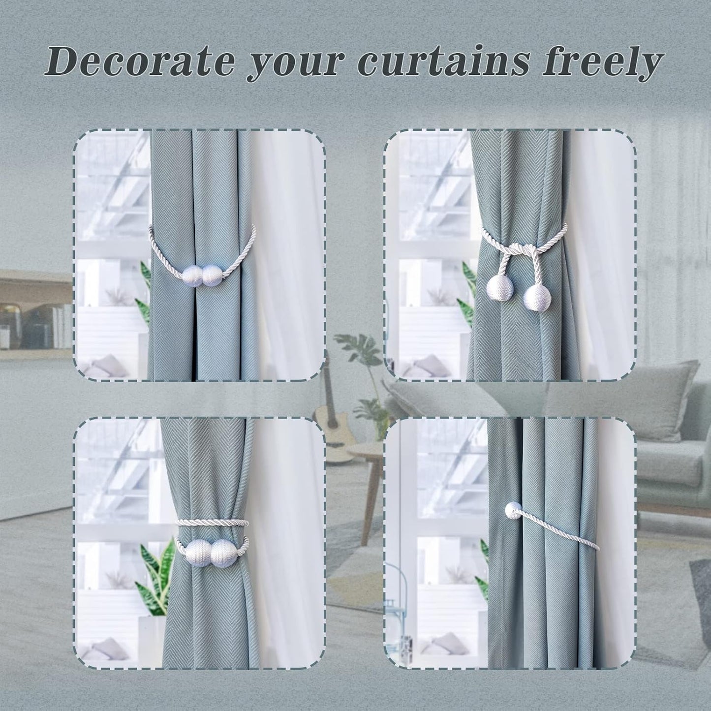 Hion Magnetic Curtain Tiebacks Gray Blue 4 Pack, Curtain Tiebacks Buckles Holdbacks Holders Hooks Clip for Home Bedroom Office Decorative Thick or Thin Curtain