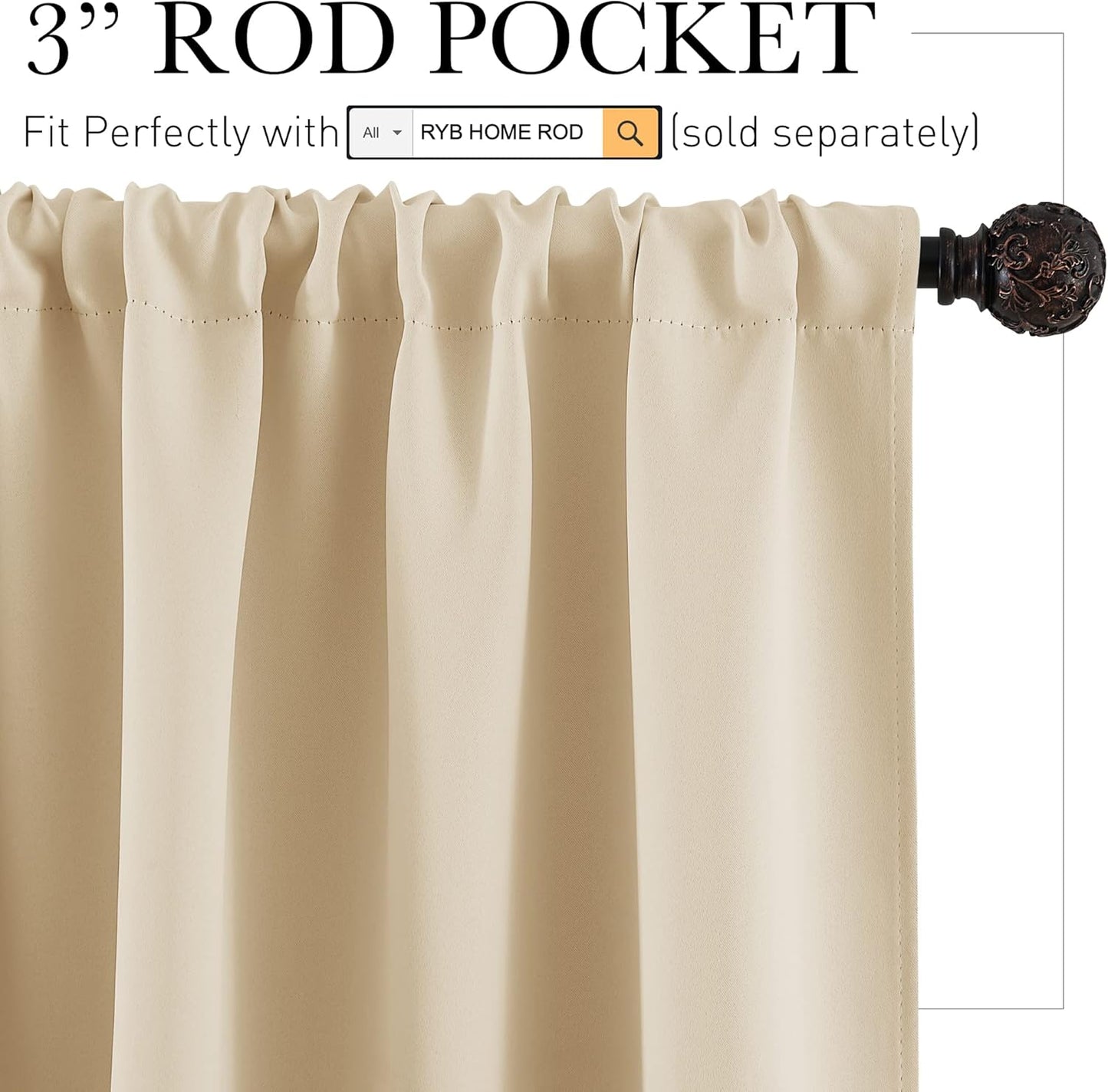 RYB HOME Small Curtains for Kitchen Window - Blackout Privacy Portable Curtain Set for Bedroom Office Bathroom Basement Garage Storage Enclosure RV Bunk, W 34 x L 30 inch, Biscotti Beige, 2 Pcs