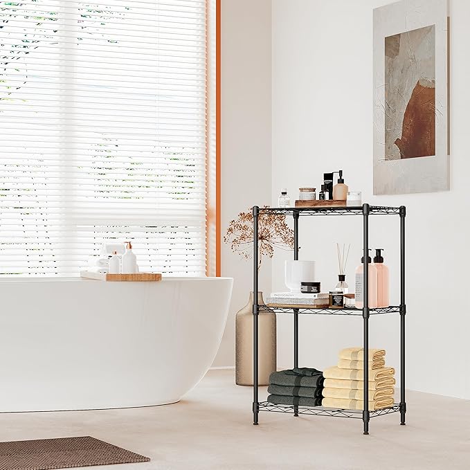 IZEUK 3 Tier Metal Wire Shelving Rack Storage Shelves for Kitchen, Bedroom, Living Room or Laundry Room, Black, 17.7" W x 11.8" D x 28.8" H