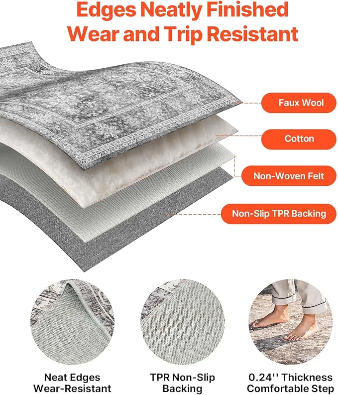 VEVOR 8 x 10 ft Area Rug Large Washable Rug Non-Slip and Tear-Resistant Soft Carpet Pet & Child Friendly Vintage Area Rugs Indoor Mat for Bedroom Living Room Kids Room Entryway Office Gray