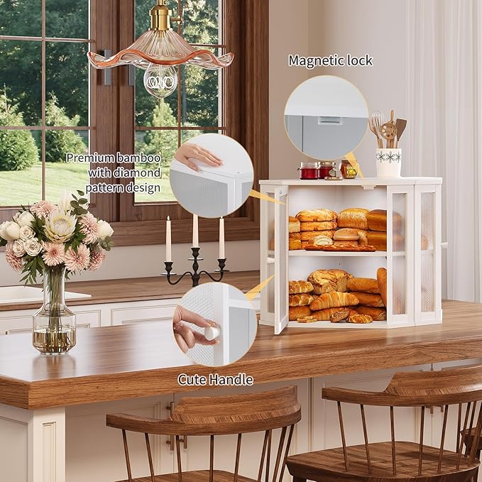 Corner Bread Box for Kitchen Countertop,Bread Storage for Homemade Bread, Double Layer Large Bamboo Kitchen Storage Bin with Window (White, Large)