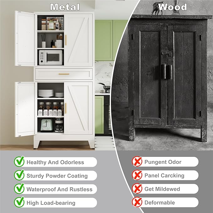 71" Pantry Cabinet in White with 4 Doors & Center Drawer, Max Organization Storage Cabinet with Adjustable Shelves, Freestanding Farmhouse Cupboard for Spacious Kitchen, Dining Room