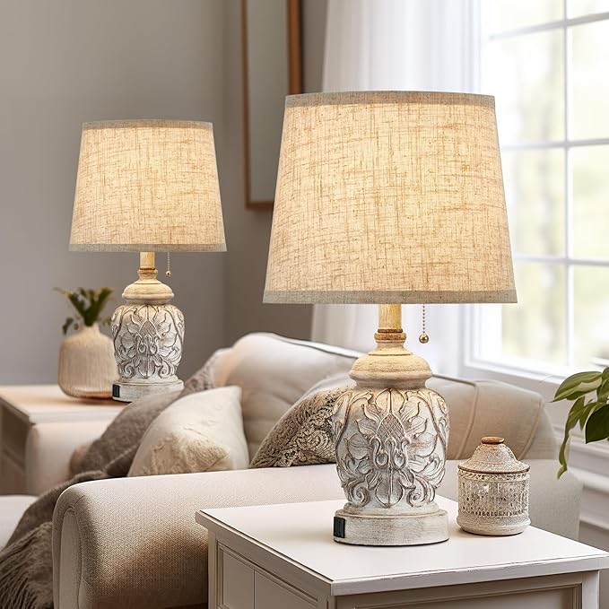 Fullarge 19.5" Vintage Rustic Table Lamp Set of 2 Farmhouse Table Lamps for Living Room Bedroom Decor with USB Ports Traditional Carved Floral White Bedside Night Light Lamps with Pull Chain Switch