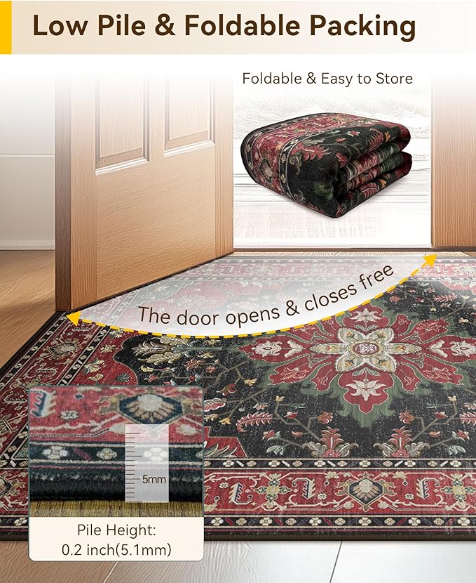 RELEANY Area Rugs Round 6ft Washable Non-Slip, Floral Vintage Distress Print Pattern Medallion Carpet for Living Room Bedroom Dining Room, Red Black