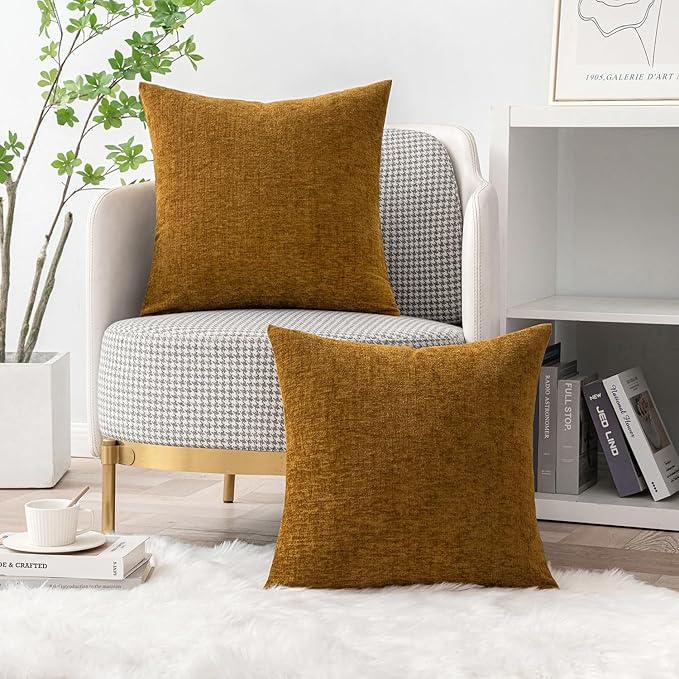 MIULEE Pack of 2 Couch Throw Pillow Covers 16x16 Inch Soft Mustard Chenille Pillow Covers for Sofa Living Room Solid Dyed Pillow Cases
