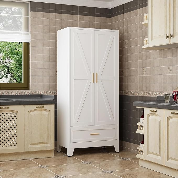 71" Storage Cabinet with Bottom Drawer, Pantry Cabinet in White with 2 Doors & 4 Adjustable Shelves, Freestanding Steel Cupboard for Garage, Home Office, Kitchen, Heavy-Duty Storage