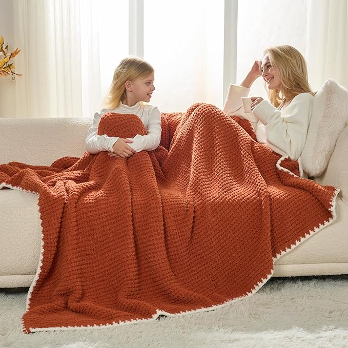 Snuggle Sac Orange Waffle Blanket for Couch Bed Sofa 60x80 inches, Reversible Soft Throw Microfiber Fluffy Fuzzy Cozy Knit Twin Blanket for Women Mothers Birthday Gifts