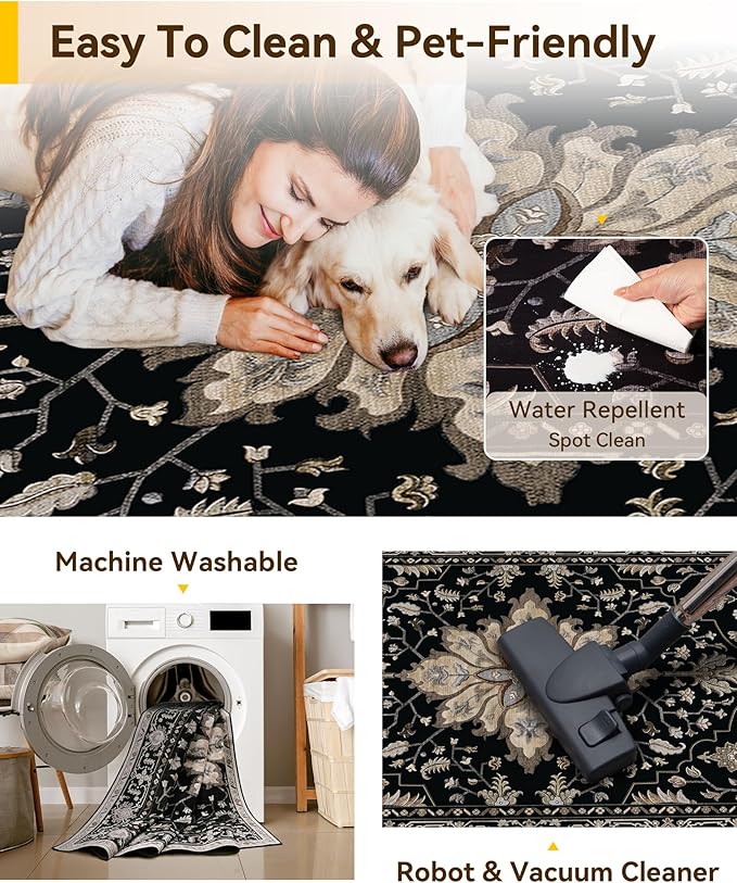 RELEANY Area Rugs 3'x8' Runner Rug Non Slip Washable for Kitchen Hallway Bedroom Beside Laundry Room Bathroom Rug, Floor Carpet, Black Brown Neutral Dark Tan