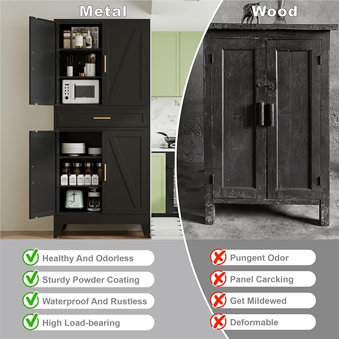 71" Pantry Cabinet in Black, with 4 Doors & Center Drawer, Max Organization Storage Cabinet with Adjustable Shelves, Freestanding Farmhouse Cupboard for Spacious Kitchen, Dining Room