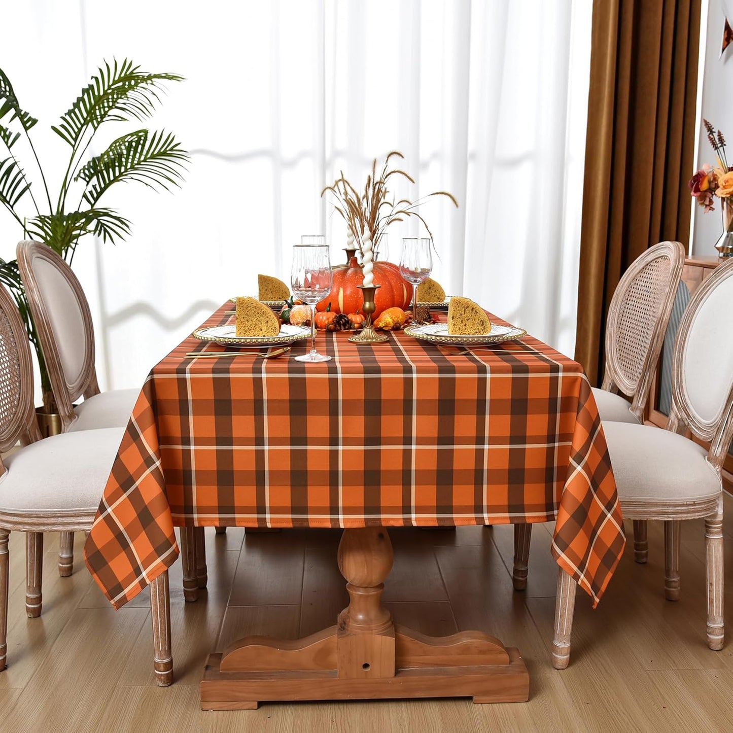 Waterproof Gingham Festive Tablecloth Fabric - Oblong 52x70 Inch Classic Buffalo Tartan Autumn Table Cloth for Outdoor Use - Give Thanks Tabletop Cover Perfect for Halloween, BBQs, Parties