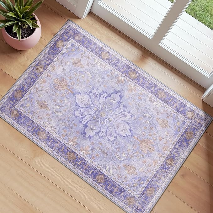 RELEANY Area Rugs 2'x3' Kitchen Rugs Entry Rug Small Rugs for Entryway Kitchen Bathroom Door Mat Indoor Entrance,Washable Non Slip, Light Purple Brown