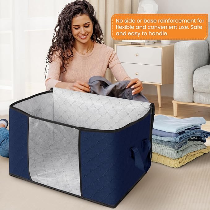 Fab totes 24 Gallons Clothes Storage,Foldable Thick Fabric Blanket Storage Bags,Containers for Organizing Bedroom, Closet, Clothing, Comforter,Organization with Handle (6 Pack,Blue)