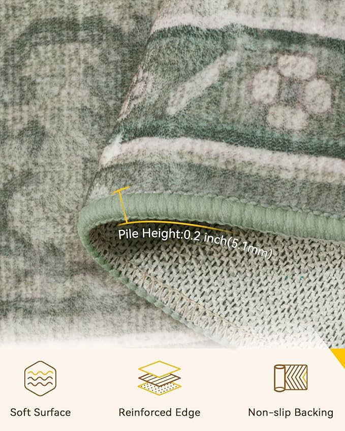 RELEANY Area Rugs 6ft Washable Non-Slip, Floral Vintage Distress Print Pattern Medallion Carpet for Living Room Bedroom Dining Room, Dark Green Gray