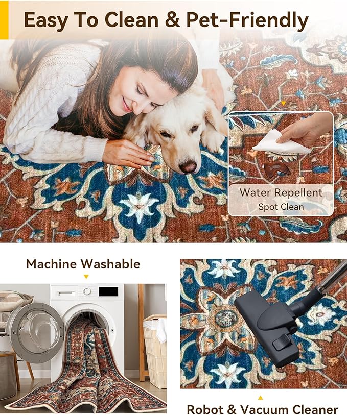 RELEANY Area Rugs Round 6ft Washable Non-Slip, Floral Vintage Distress Print Pattern Medallion Carpet for Living Room Bedroom Dining Room, Red Orange Blue Brown