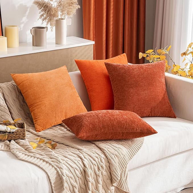 MIULEE Pack of 2 Bright Orange Throw Pillow Covers 16x16 Inch Soft Chenille Pillow Covers for Sofa Living Room Couch Solid Dyed Cases