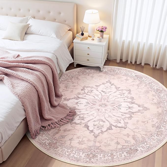 RELEANY Area Rugs 8ft Washable Non-Slip, Floral Vintage Distress Print Pattern Medallion Carpet for Living Room Bedroom Dining Room, Pink Greypink Cute