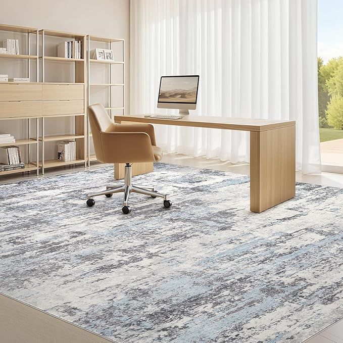 Area Rugs for Living Room: 9x12 Abstract Washable Rug Modern Neutral Large Soft Stain Resistant Non-Slip Backing Machine Table for Bedroom Dining Room Indoor Home Office Carpet - Blue Grey