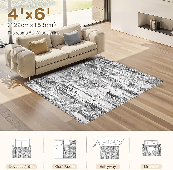 Area Rugs for Living Room: 4x6 Abstract Washable Rug Modern Neutral Large Soft Stain Resistant Non-Slip Backing Machine Table for Bedroom Dining Room Indoor Home Office Carpet - Black Grey