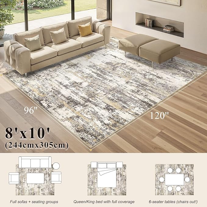 8x10 Area Rugs for Living Room：Washable Rug Abstract Modern Neutral Large Soft Stain Resistant Non-Slip Backing Machine Table for Bedroom Dining Room Indoor Home Office Carpet - Gold Brown