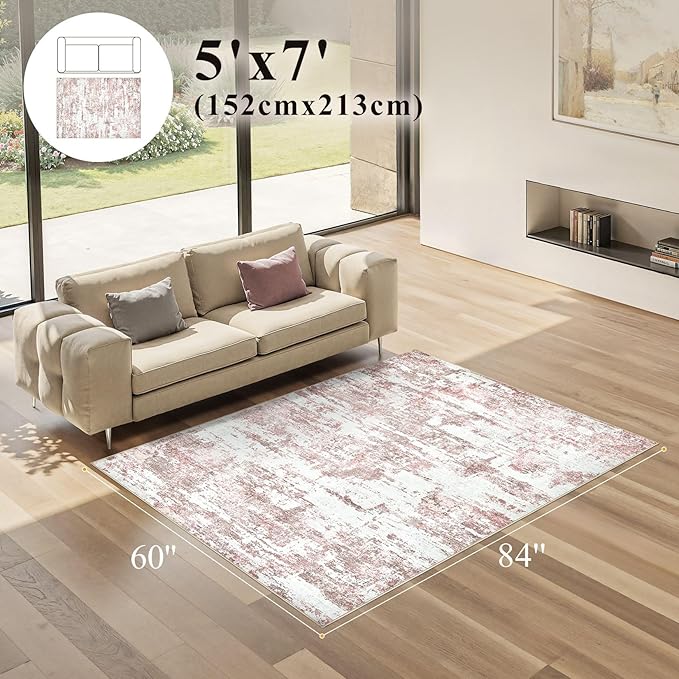 Area Rugs for Living Room: 5x7 Abstract Washable Rug Modern Neutral Large Soft Stain Resistant Non-Slip Backing Machine Table for Bedroom Dining Room Indoor Home Office Carpet - Pink