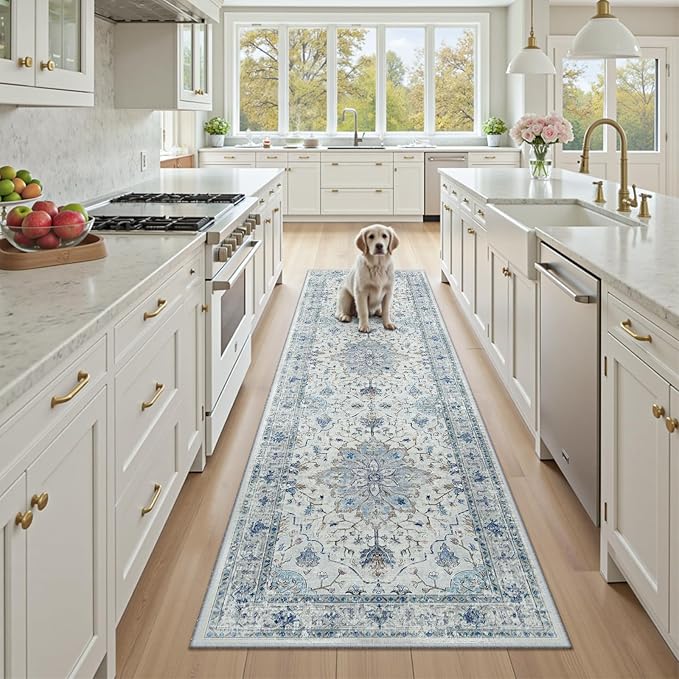 RELEANY Area Rugs 3'x9' Runner Rug Non Slip Washable for Kitchen Hallway Bedroom Beside Laundry Room Bathroom Rug, Floor Carpet, Light Blue Navy Beige Gray White